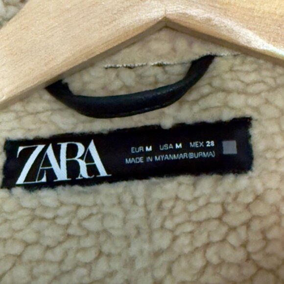 Cropped aviator shearling moto jacket brown faux leather Coat Zara Sz M NO BELT - Picture 3 of 10